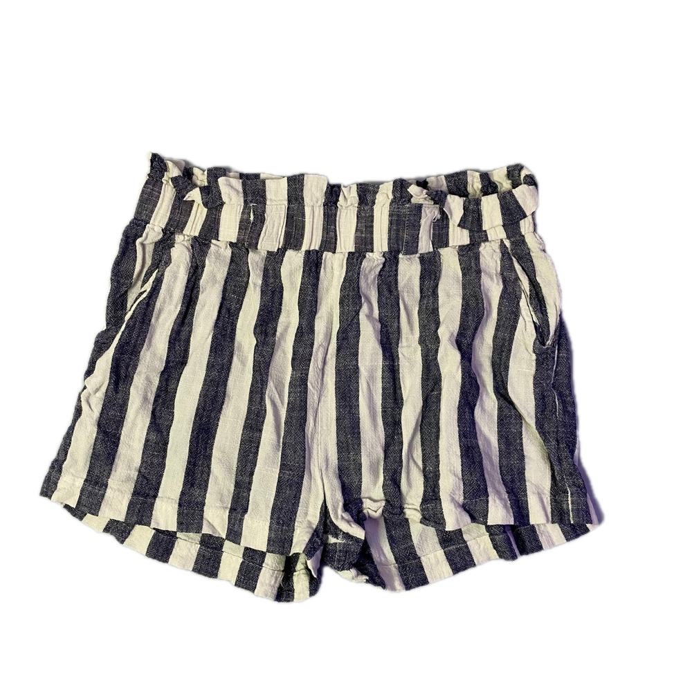 Indero Womens Navy White Striped Linen Blend Paperbag Waist Shorts‎ Large